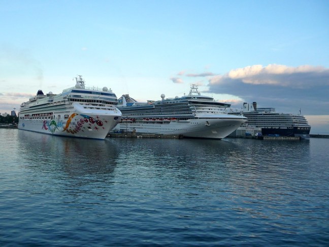Cruise ships dwarfed the ferry